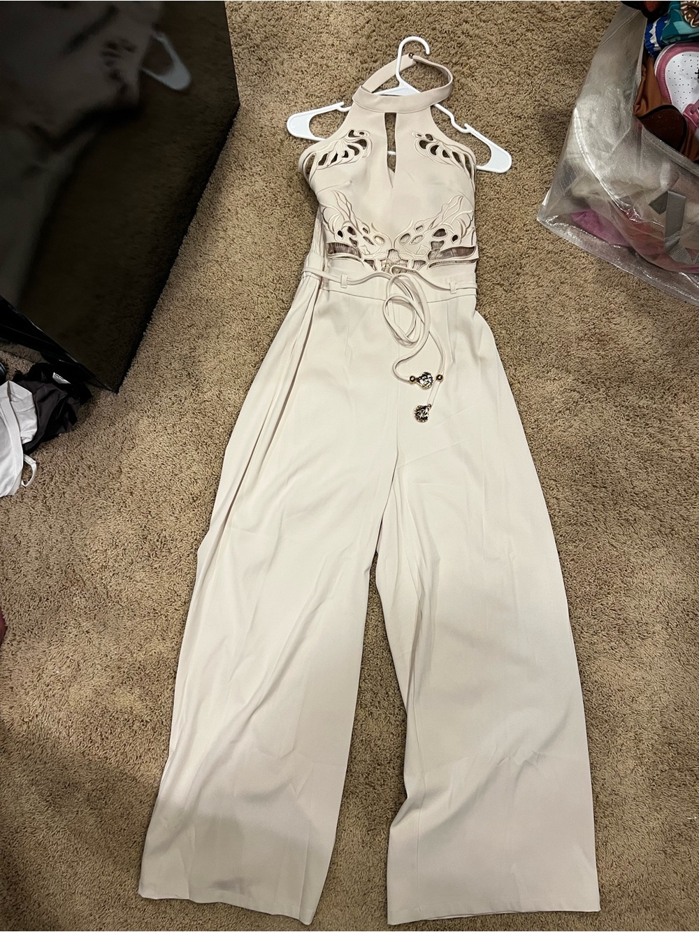 Premium boutique Cream Halter Laser-Cut Wide Leg Jumpsuit